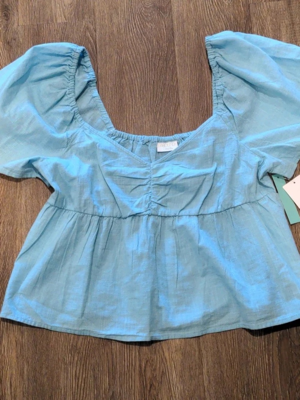Light Blue Peplum Puff Sleeve Top -  Women